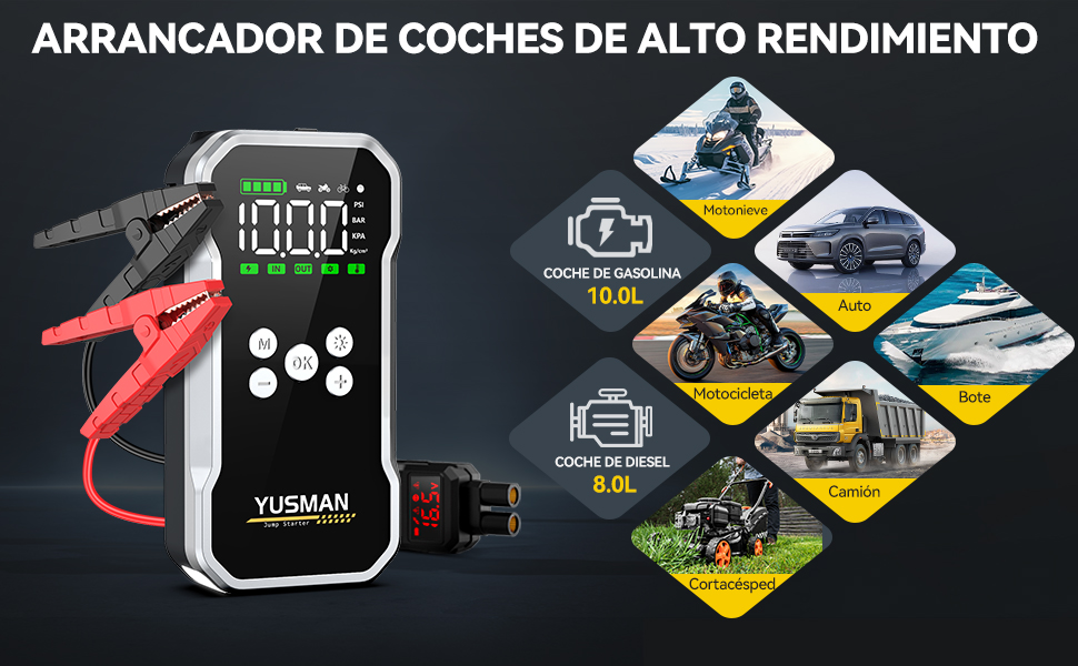 Dispositivo de arranque para coche con pantalla digital que muestra «1800A». A continuación se muestran varios iconos que muestran las distintas capacidades y especificaciones del dispositivo.