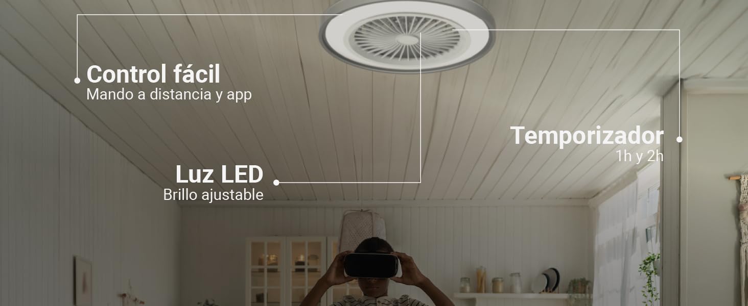 ventilador de techo con aspas ocultas, wifi, temporizador, mando a distancia, función invierno, app