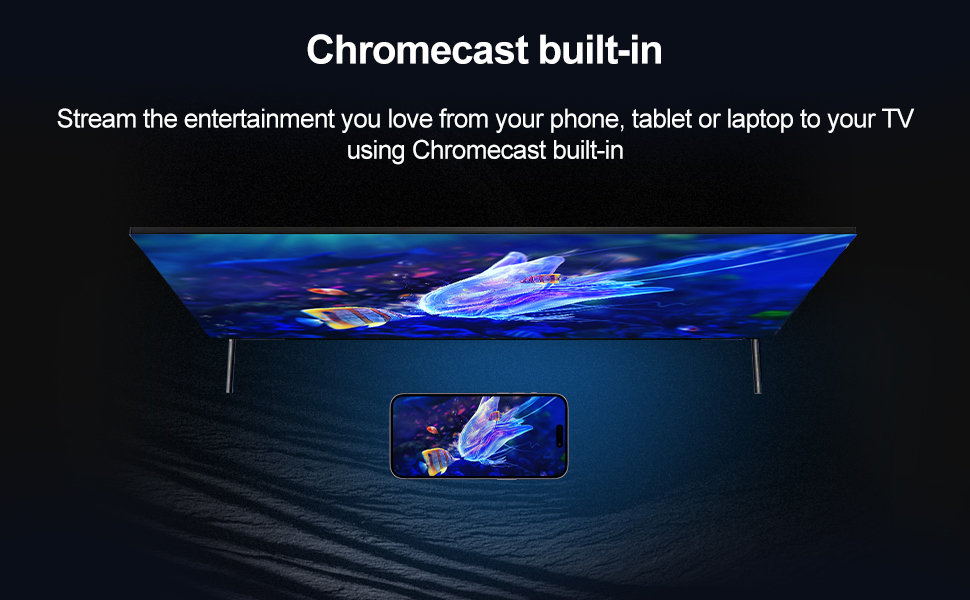 Pantalla de televisión con funcionalidad integrada de Chromecast, que muestra la capacidad de transmisión desde dispositivos móviles a la pantalla del televisor con gráficos de visualización azules.