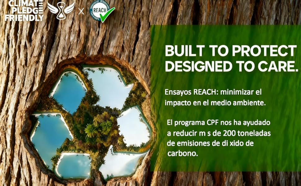 El texto dice «BUILT TO PROTECT DESIGNED TO CARE». Escena de bosque o arbolado con una capa verde y mensajes de texto sobre la protección del medio ambiente.