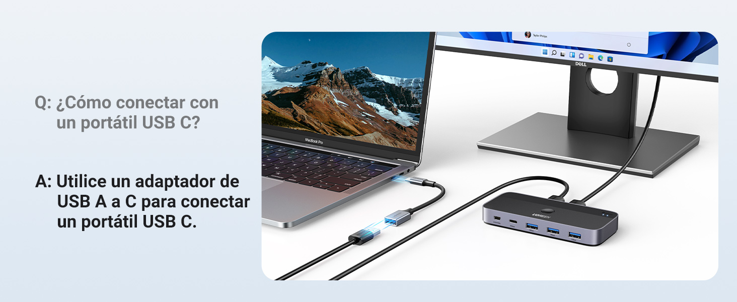 Ordenador portátil conectado a un adaptador multipuerto con varios periféricos. El texto en español explica la conexión