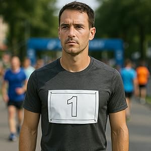 Una persona que lleva una camiseta gris oscuro con un gran número '1' impreso en una caja rectangular blanca en la parte delantera.