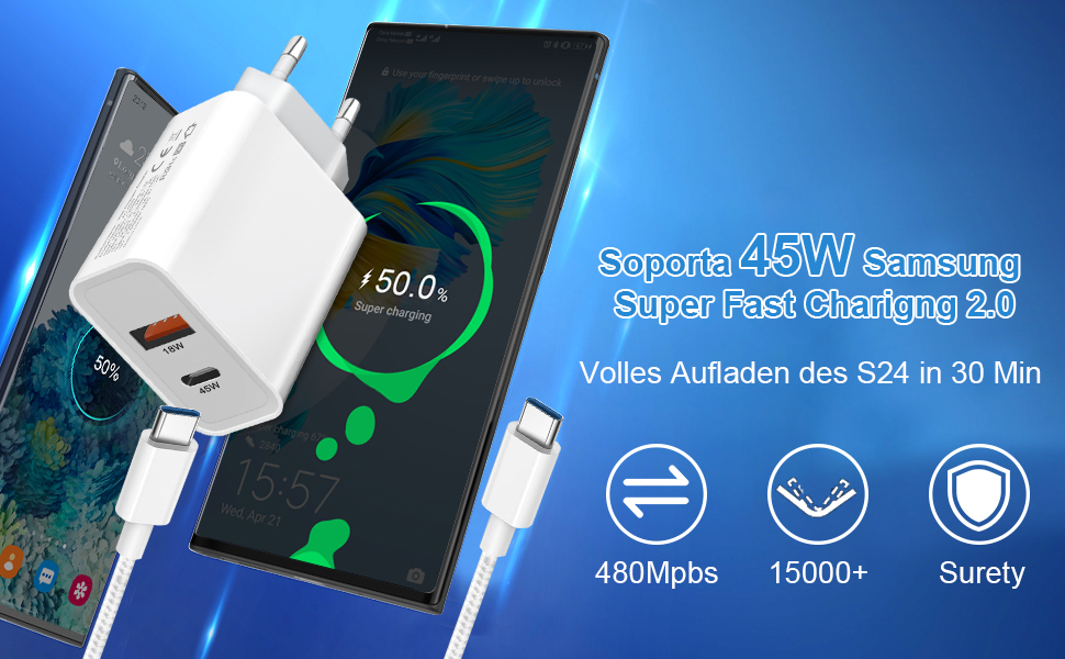 Cargador USB C 45W & USB A 18W con Cable USB C a USB C
