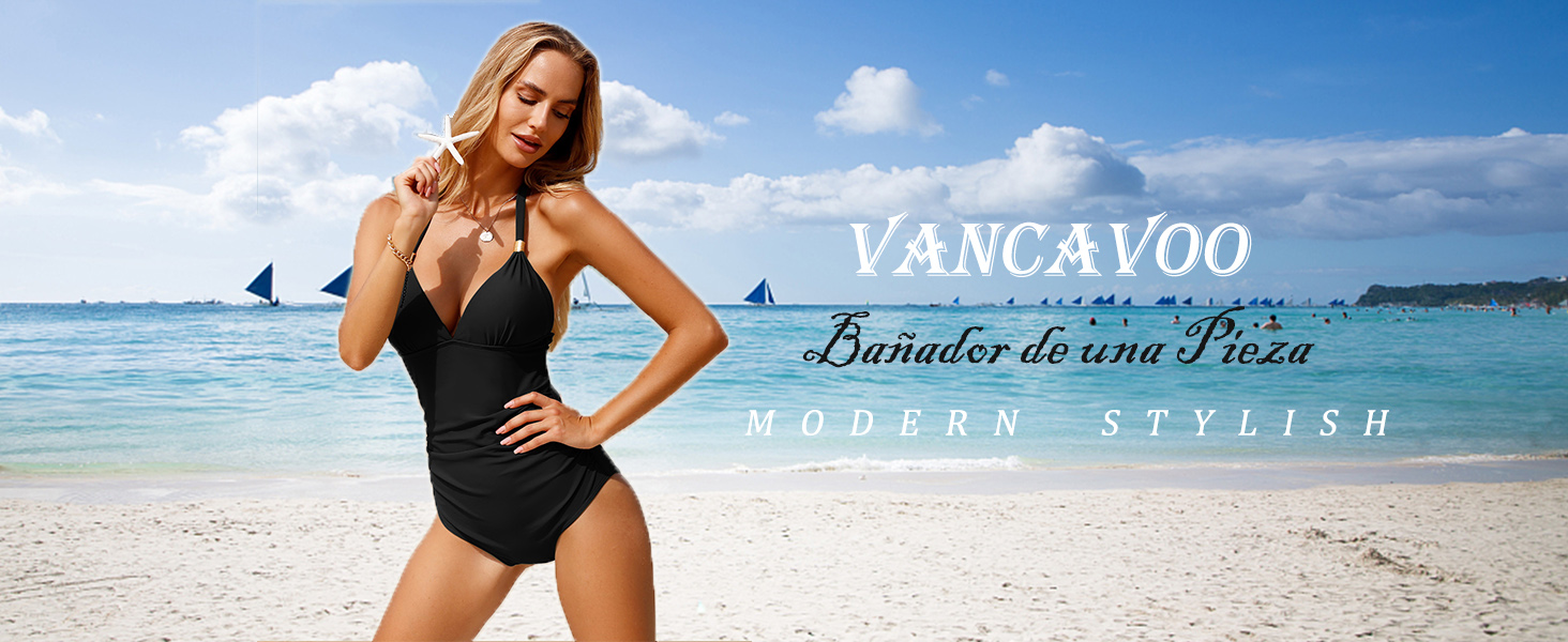 Traje de Baño de Una Pieza para Mujer Sexy Cuello en V Bañador Control del Vientre