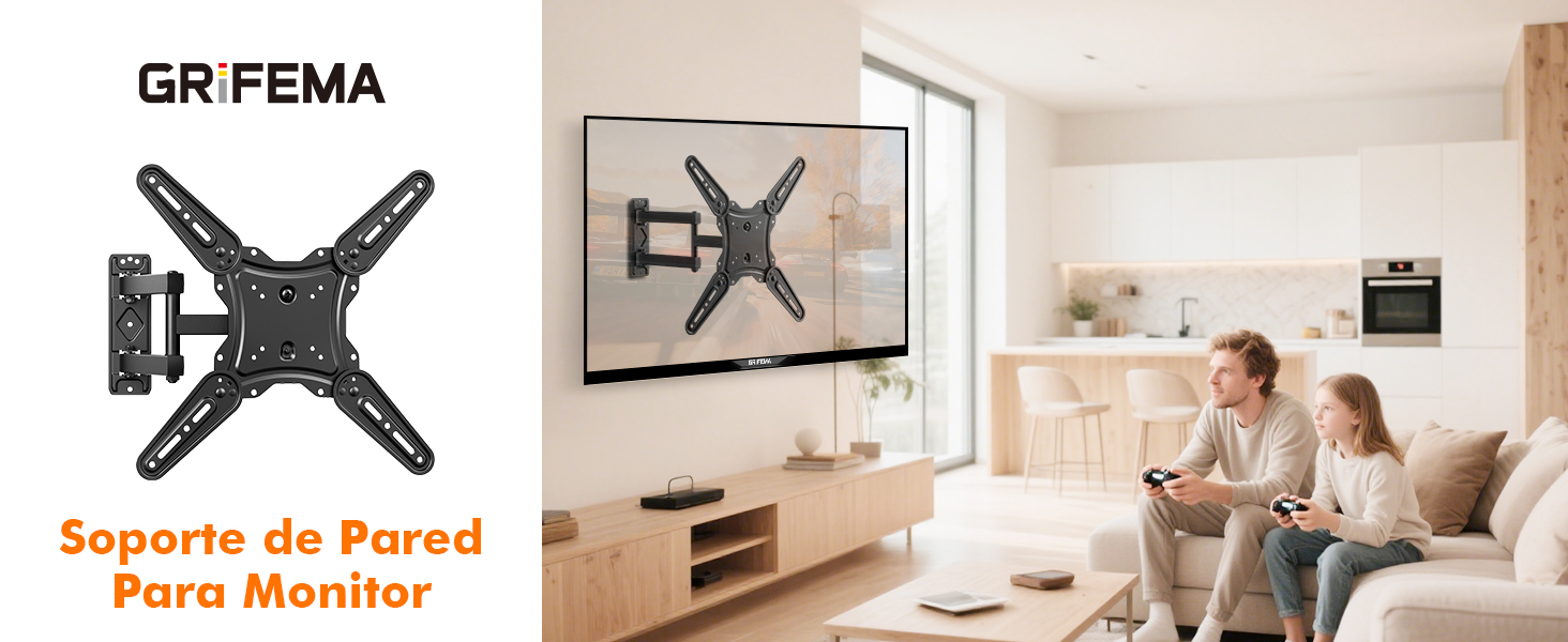El soporte de pared para TV se muestra en diferentes etapas de instalación y posiciones de visualización, con la tornillería y las instrucciones de montaje mostradas.