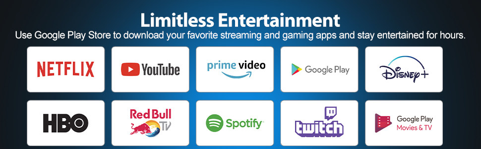 Lista de aplicaciones de entretenimiento con los logotipos de Netflix, YouTube, Prime Video, Google Play, Disney+, HBO, Red Bull TV, Spotify, Twitch y Google Play Movies & TV.