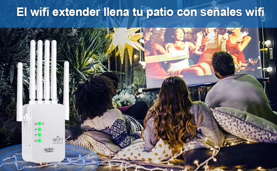 Anuncio de extensor WiFi que muestra una escena de visualización de películas al aire libre con el texto en español «El extensor wifi llena tu patio con señales wifi».