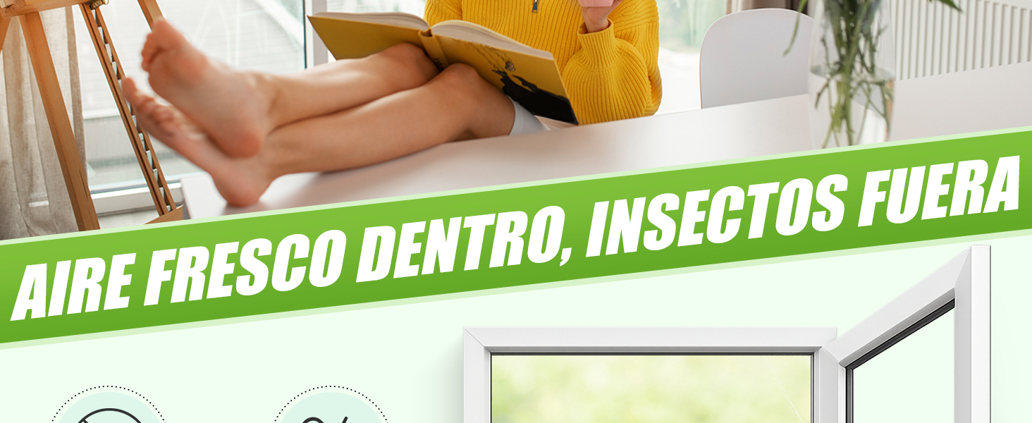 Mujer relajada con ventana abierta y mosquitera que mantiene alejados los insectos
