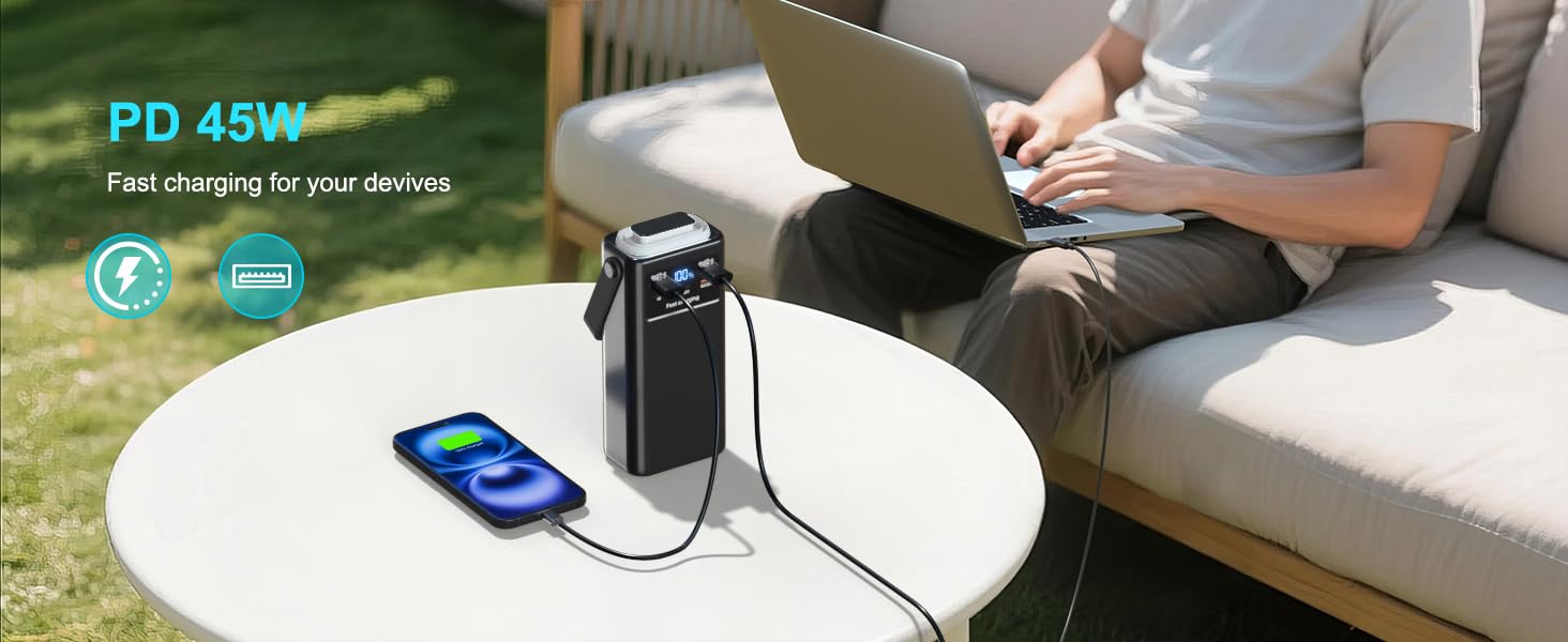 Demostración del dispositivo de carga rápida con un portátil y un teléfono móvil, que muestra la capacidad de suministro de energía.