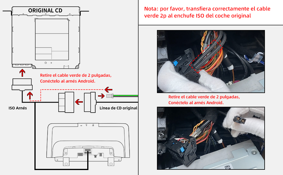 Mueva el cable de fibra óptica del host original al arnés Android