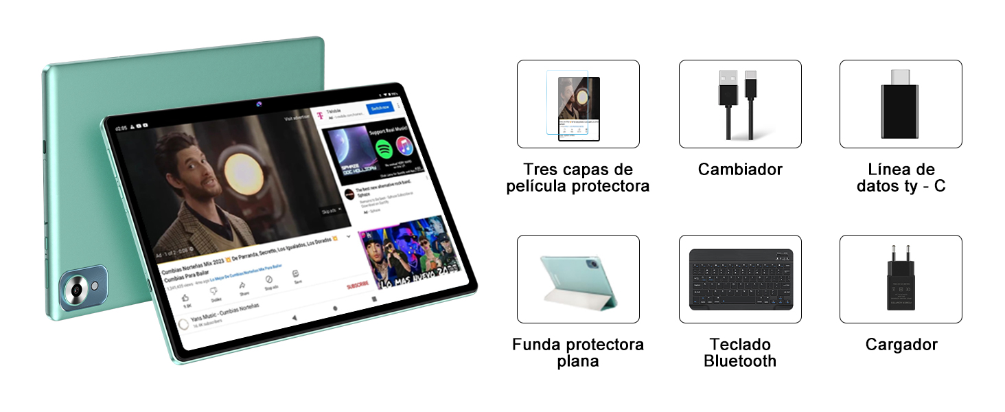 con accesorios: protector de pantalla, cable USB-C, funda protectora, teclado Bluetooth y cargador. La imagen principal muestra la tableta con contenido en pantalla dividida