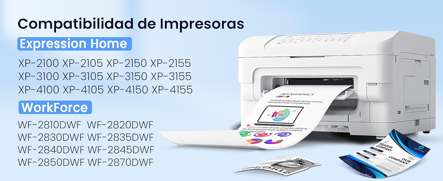 Tabla de compatibilidad de impresoras que muestra los modelos de las series Expression Home y WorkForce, con ilustraciones de la impresora y ejemplos de salidas en color.