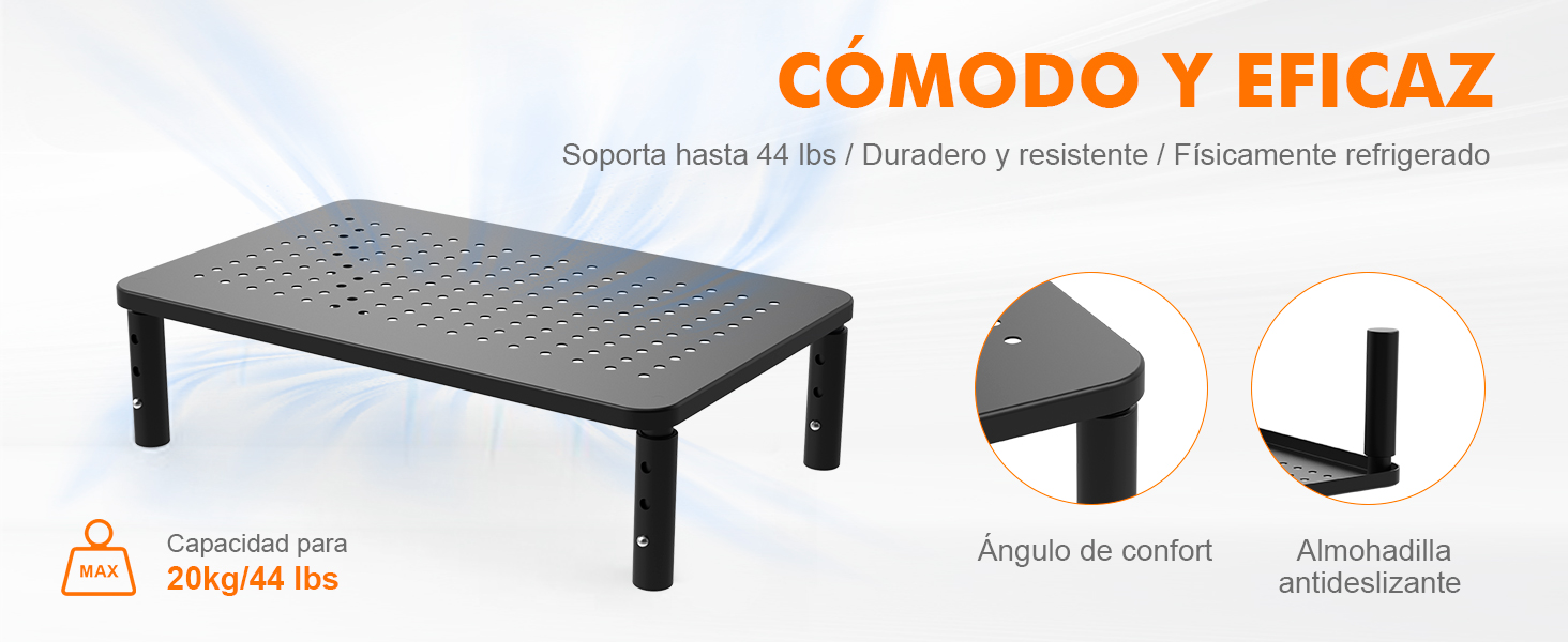 Reposapiés ajustable o plataforma de apoyo para las piernas con superficie negra texturizada, que se muestra con un diagrama del producto que muestra varios ángulos de uso.