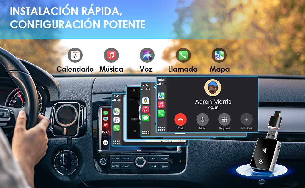 del coche con una gran pantalla táctil que muestra la integración de teléfonos inteligentes. Iconos de calendario, música, voz, llamadas y mapas visibles. Volante y dispositivo de vapeo en primer plano