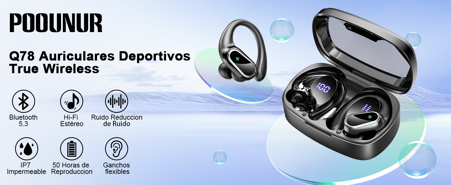 con funda de carga. Características del producto: Bluetooth, 40 horas de reproducción, resistencia al agua IPX7, control táctil y diseño ergonómico