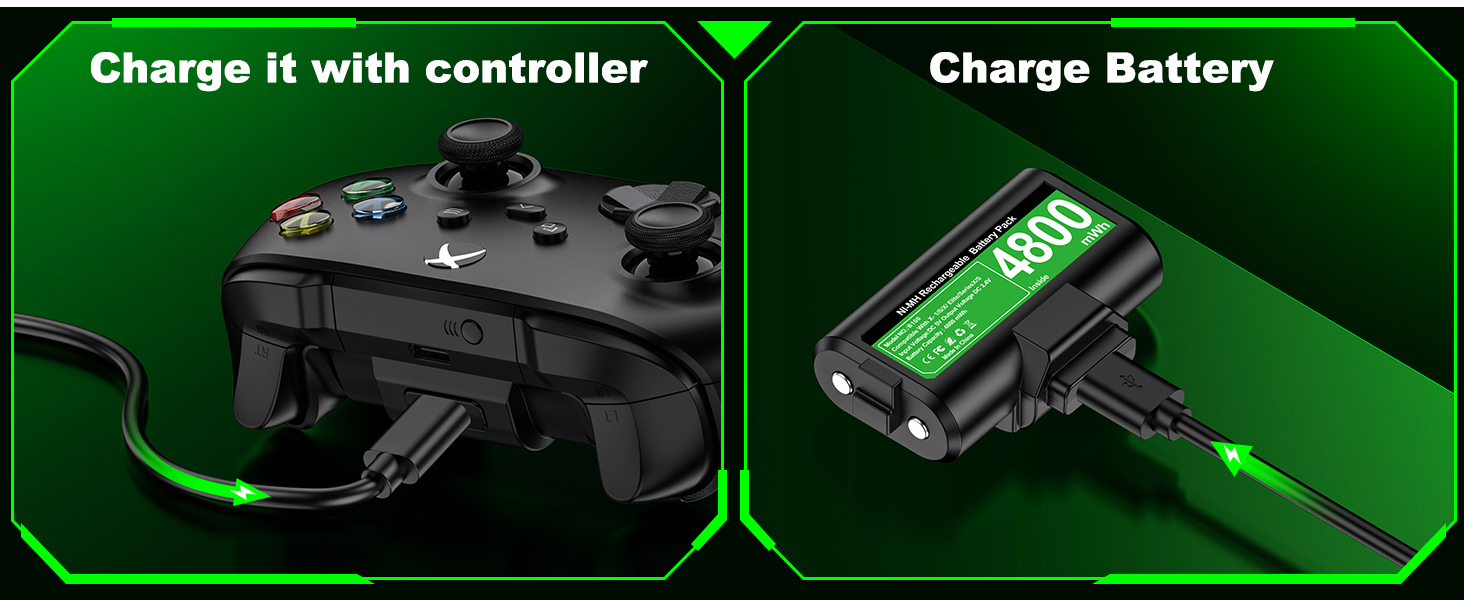 El texto dice «Cárgalo con el mando» y «Carga la batería». Imagen dividida que muestra la configuración de carga de un mando de juego iluminado en verde con componentes negros.