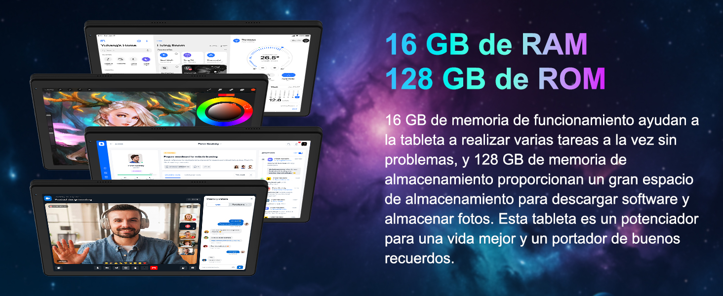 El texto dice «16 GB de RAM 128 GB de ROM». La pantalla del ordenador muestra las especificaciones técnicas con efectos de iluminación azules y morados.