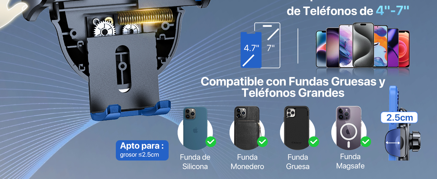 con agarre ajustable, compatible con teléfonos de 4 a 7 pulgadas y varios tipos de fundas. Las características incluyen la compatibilidad con estuches gruesos, MagSafe y la carga inalámbrica. Se muestra el brazo ajustable