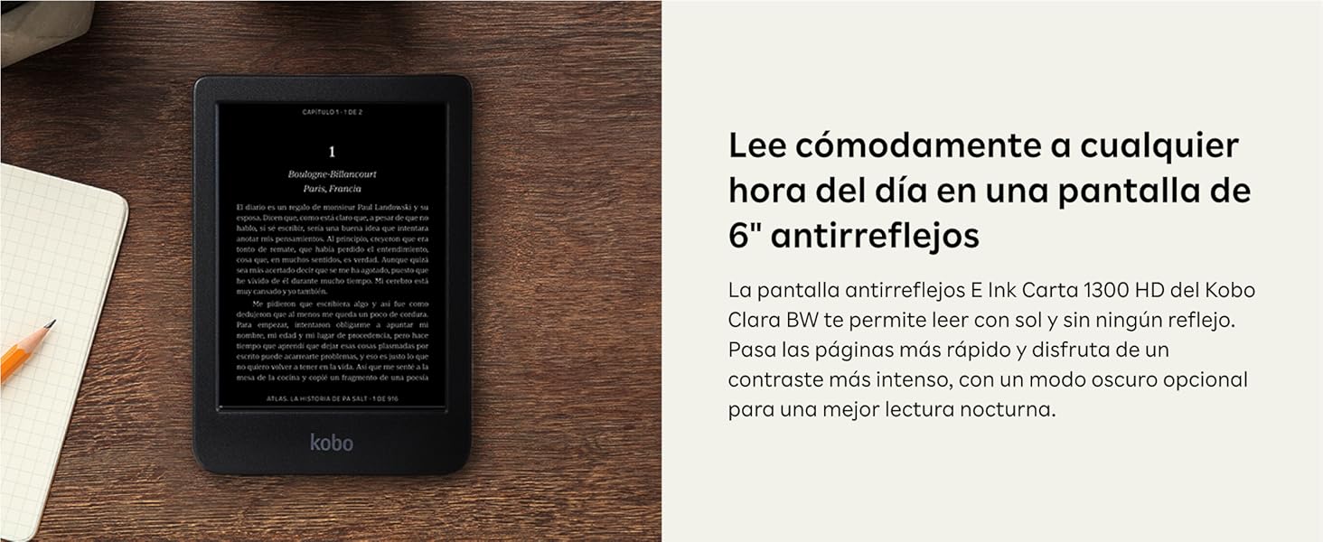 Lector de libros electrónicos o dispositivo digital que muestra texto en español sobre las capacidades de lectura en una pantalla antirreflectante de 6 pulgadas, que se muestra en una superficie de madera oscura junto