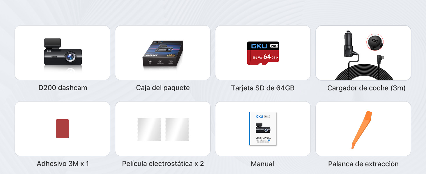 La pantalla del contenido del producto muestra los componentes de un dispositivo electrónico, como la cámara, el lector de tarjetas, la tarjeta SD, el cargador, el adhesivo, el manual y el poste de extensión.
