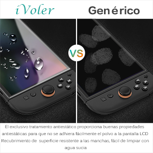 Protectores de pantalla para comparar imágenes divididas. El lado izquierdo muestra gotas de agua en una pantalla colorida. El lado derecho muestra una pantalla más oscura con marcas de huellas dactilares. Ambos tienen los botones del mando de juego visibles en la parte inferior.