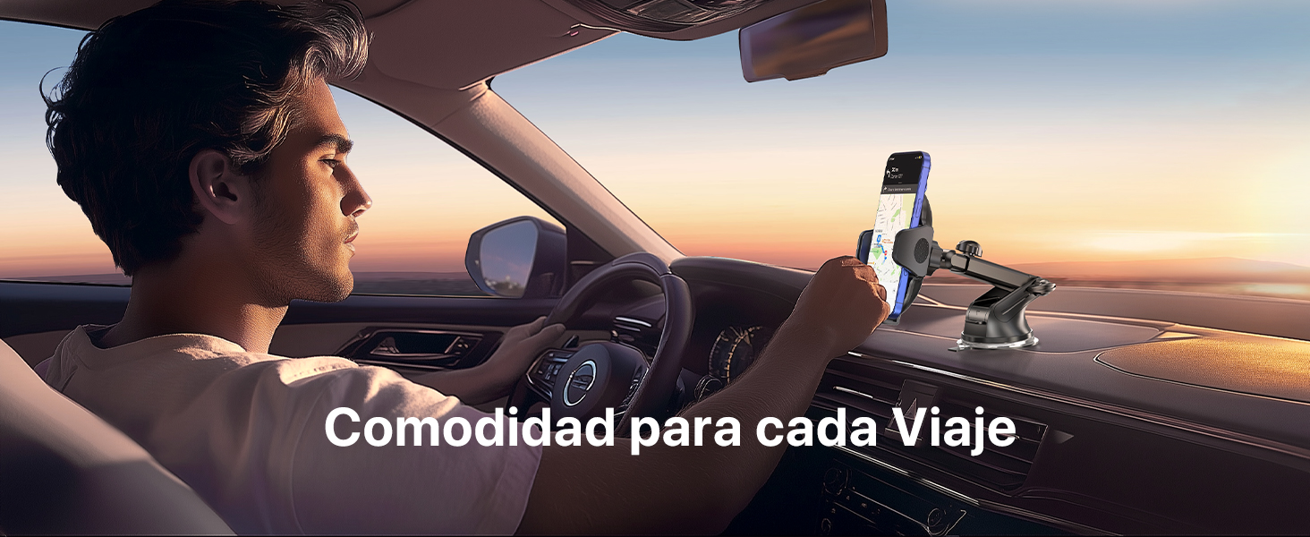 Vista del salpicadero y el parabrisas del coche al atardecer. Smartphone montado en el salpicadero. El texto superpuesto dice «Comodidad para cada viaje»