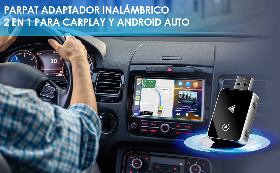 para CarPlay y Android Auto se muestra en el salpicadero del coche. El dispositivo se conecta a un puerto USB, lo que permite la integración del smartphone con el sistema de información y entretenimiento del vehículo para la navegación y el control multimedia