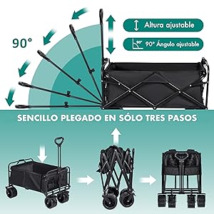 Carro de Mano de TLV, Plegable para Jardín Casa Almacén Playa con 4 Ruedas y Bolsa, vista general.