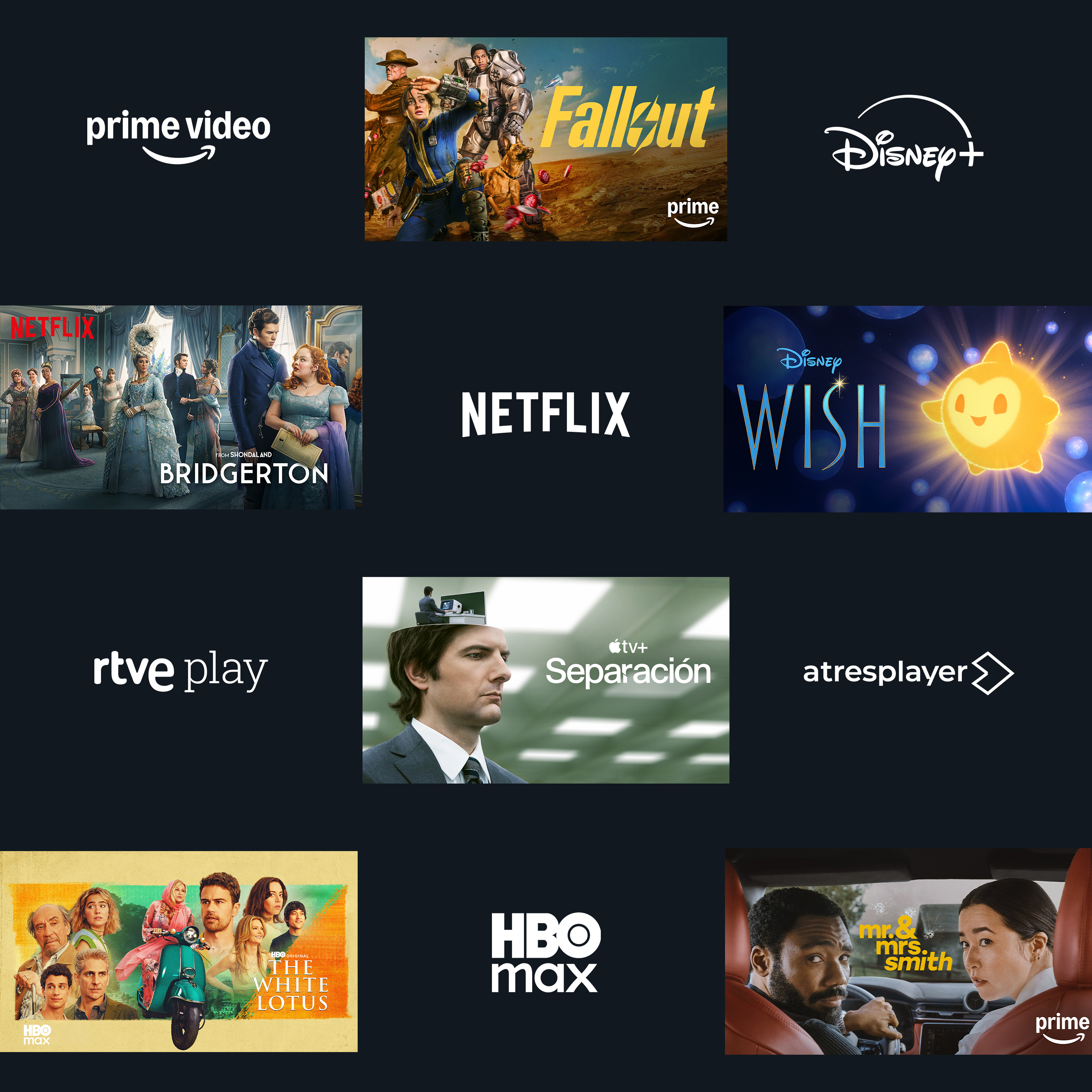 Collage en rejilla sobre fondo azul con escenas de series y logos de distintos servicios de streaming, como Prime Video, Netflix, Disney+ y más.
